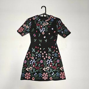 Zara Black Floral Embroidered Short Sleeve Mini Dress, XS